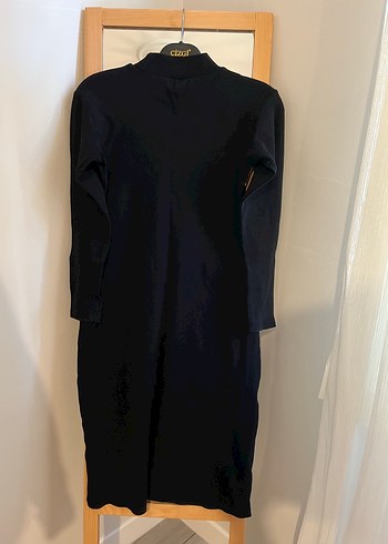 Siyah Midi Yüksek Yaka Fitilli Triko Elbise - Görsel 2