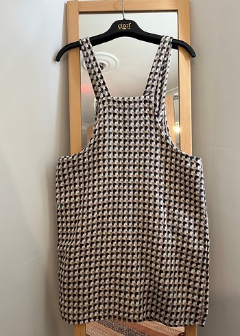 Kahverengi Gri Mini Ekose Salopet Elbise - Görsel 3