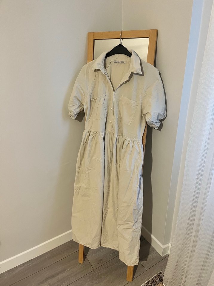 Bej Keten Midi Elbise, Kısa Kollu, Salaş Kesim - Görsel 2