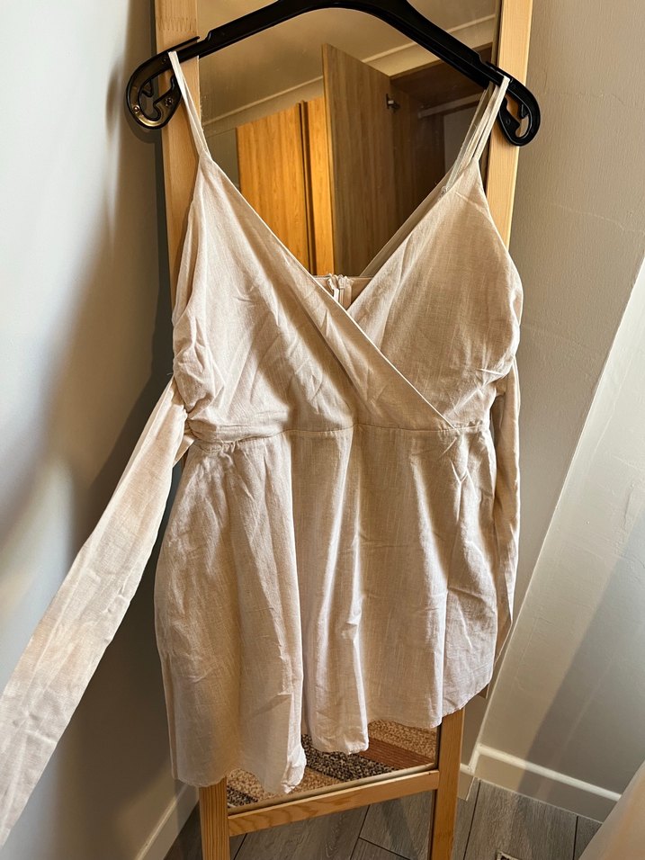 Drapeli Straplez Keten Midi Elbise - Görsel 2