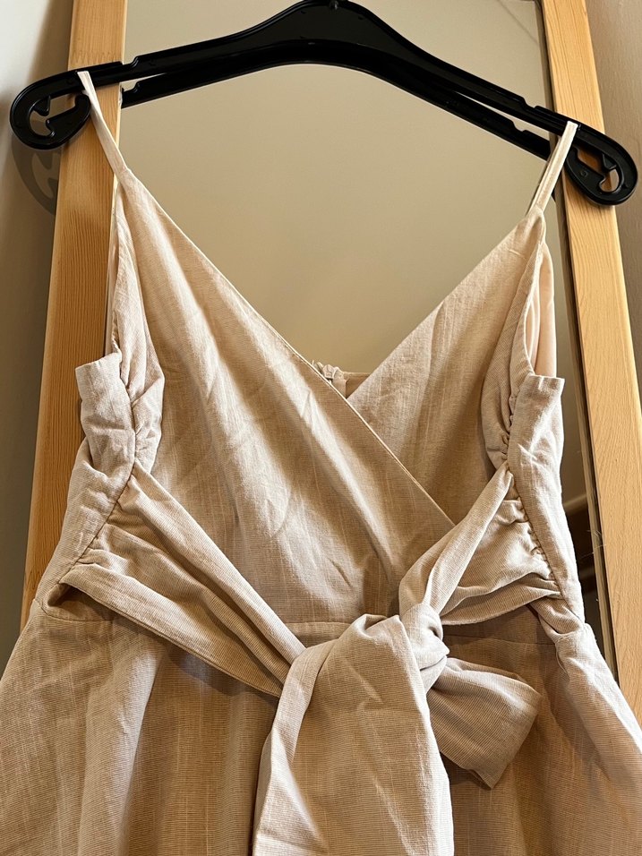 Drapeli Straplez Keten Midi Elbise - Görsel 3