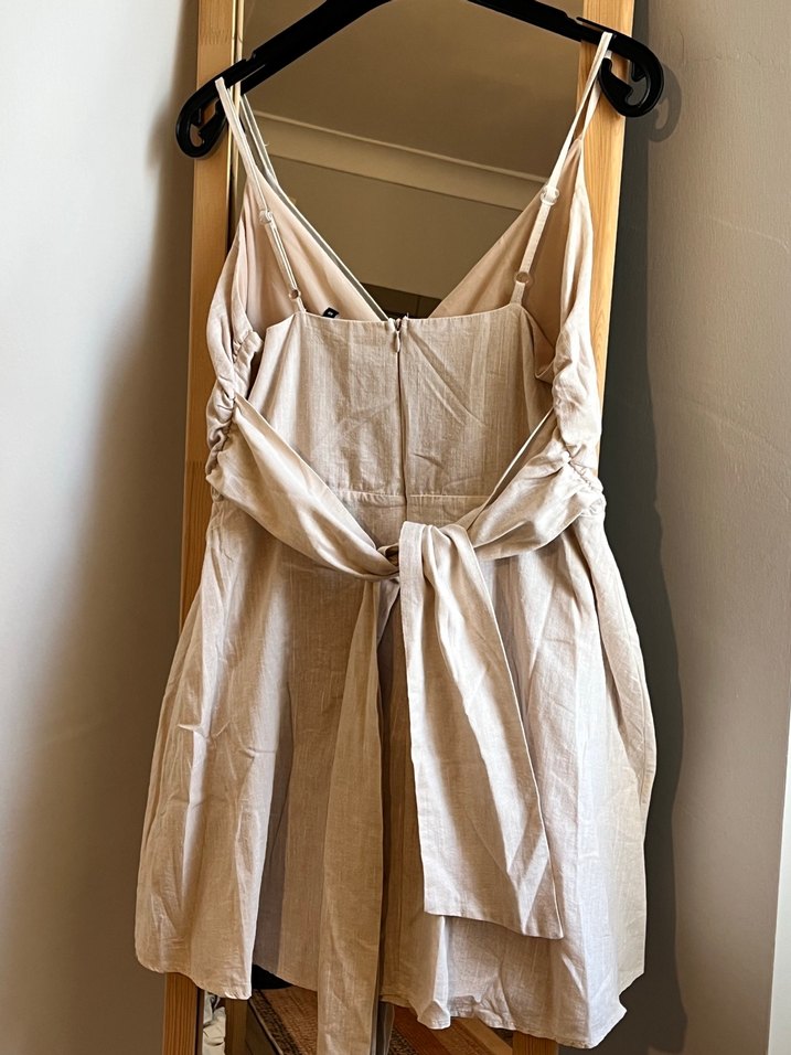 Drapeli Straplez Keten Midi Elbise - Görsel 4