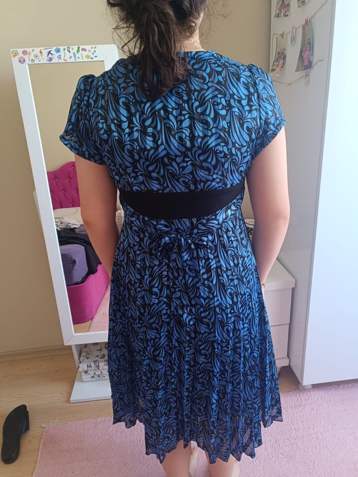 Mavi Desenli V Yakalı Hamile Midi Elbise - Görsel 2