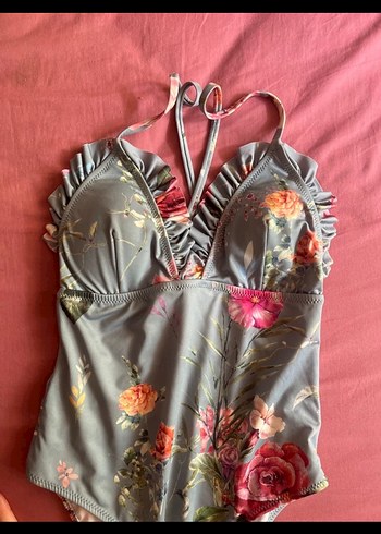 Gri Çiçek Desenli Fırfırlı Mayo - Görsel 6