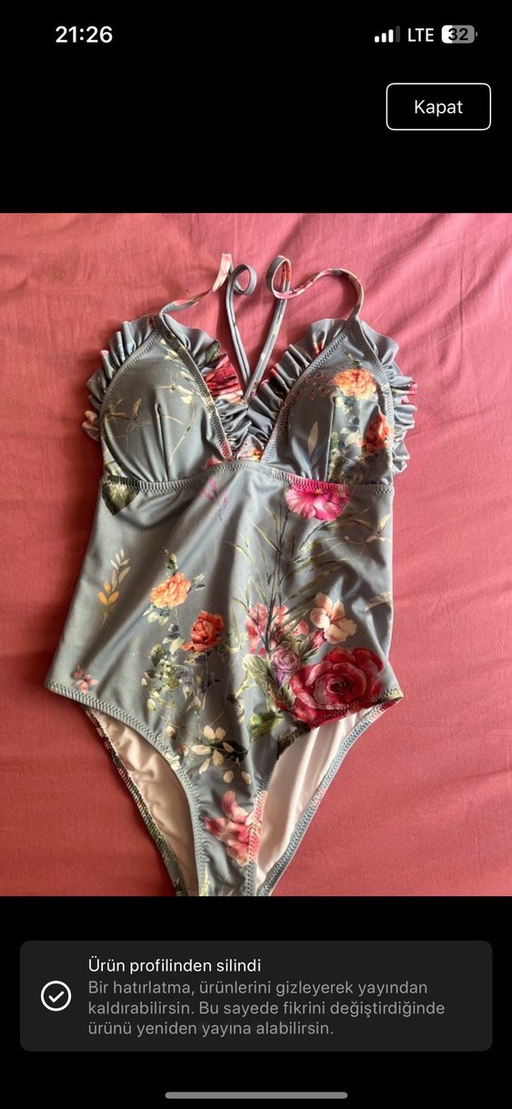 Gri Çiçek Desenli Fırfırlı Mayo - Görsel 5