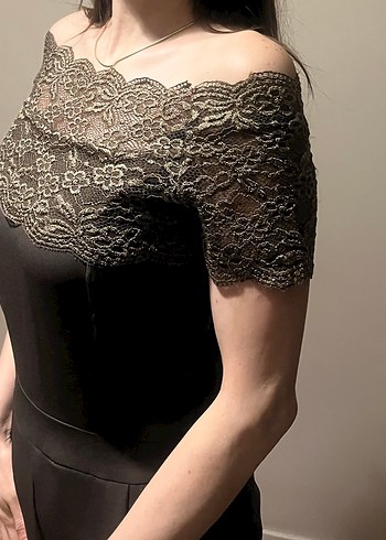 Gri Dantel Detaylı Uzun Straplez Tulum - Görsel 2