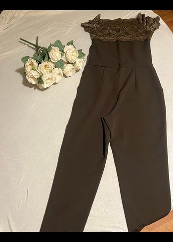 Gri Dantel Detaylı Uzun Straplez Tulum - Görsel 8