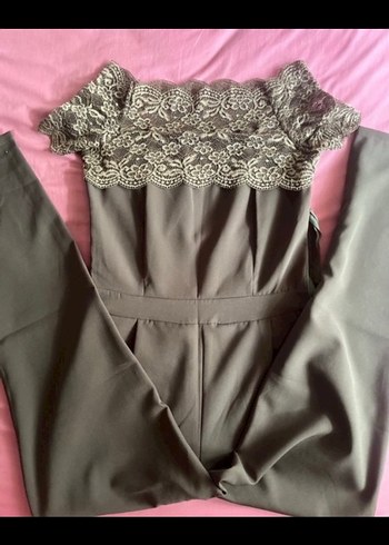 Gri Dantel Detaylı Uzun Straplez Tulum - Görsel 9