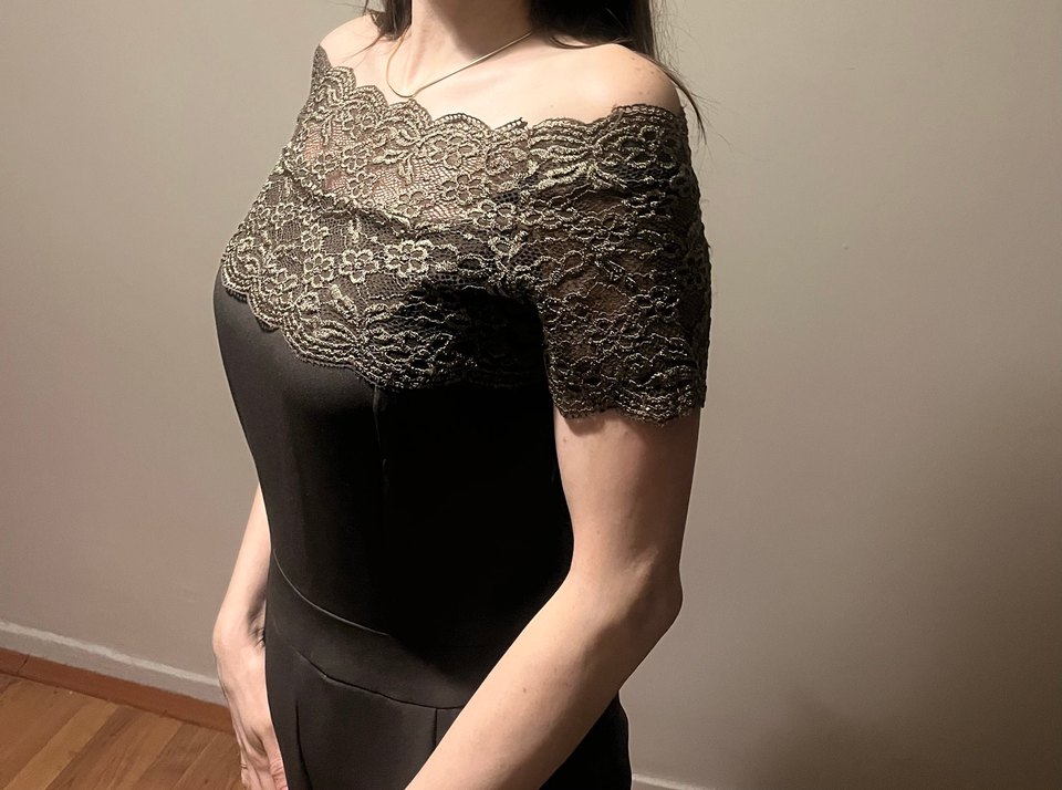 Gri Dantel Detaylı Uzun Straplez Tulum - Görsel 2