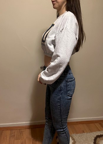 Gri Fermuarlı Çizgili Kadın Sweatshirt - Görsel 2