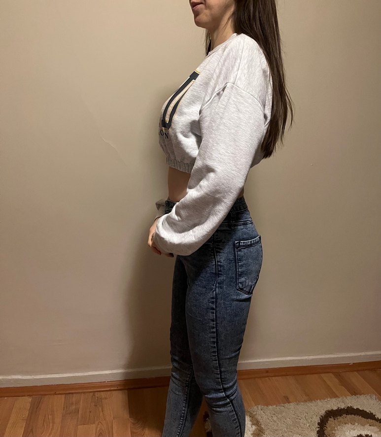 Gri Fermuarlı Çizgili Kadın Sweatshirt - Görsel 2