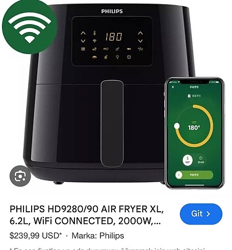 Philips 5000 serisi essential hd9280 xl wifi airfryer