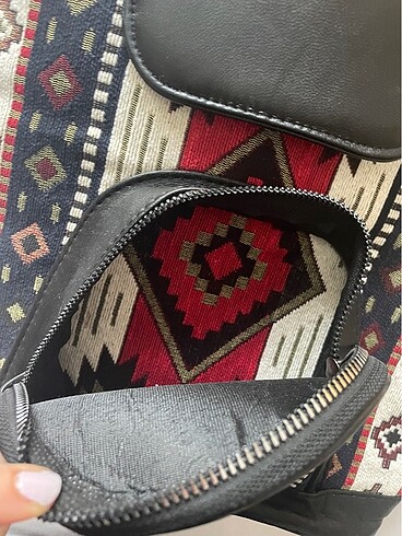 Beden Siyah deri etnik kilim desen sırt çantası