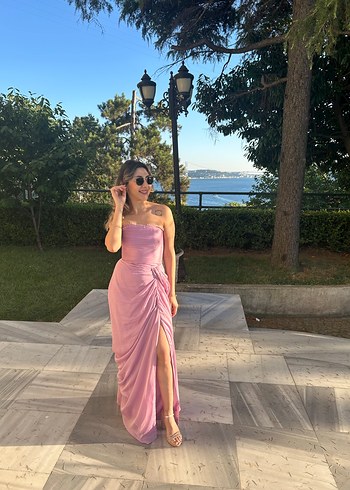 Pembe Drapeli Straplez Midi Elbise - Görsel 3