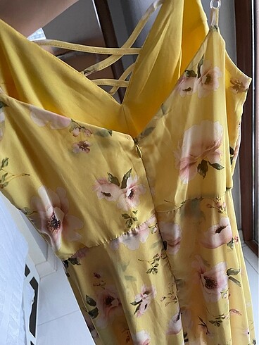 s Beden sarı Renk Yırtmaç detaylı uzun yaz elbisesi - S