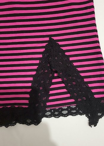 s Beden çeşitli Renk Dantel Detaylı Pembe Siyah Çizgili Mini Atlet