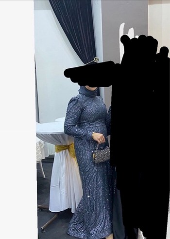 Desenli Gri Uzun Kollu Abiye Elbise