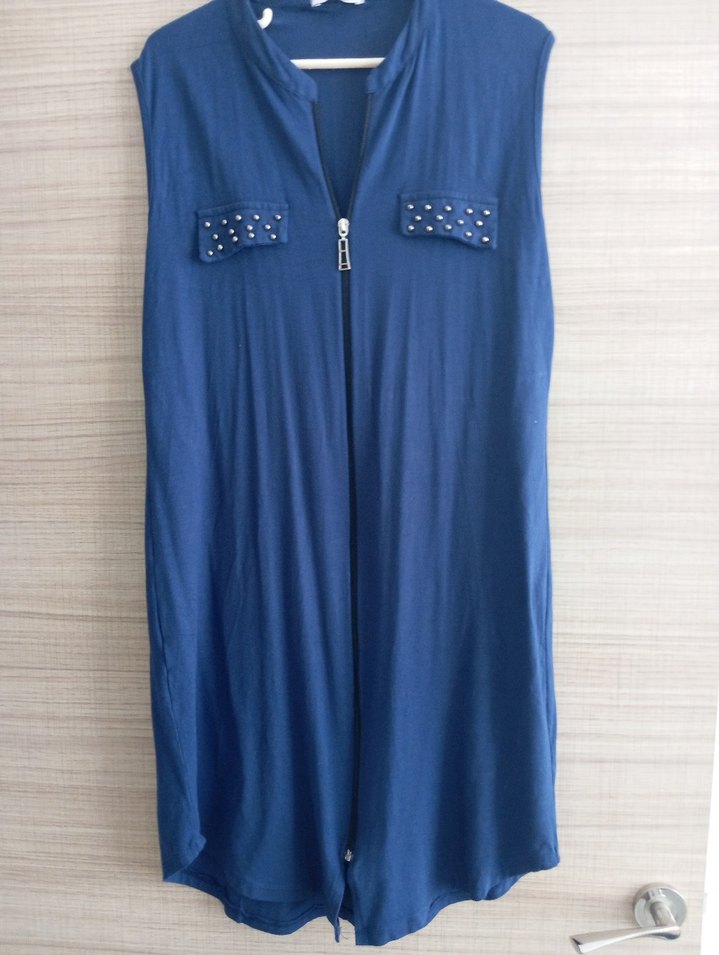 Koyu Mavi Fermuarlı Uzun Kesim Kolsuz yelek - Görsel 4