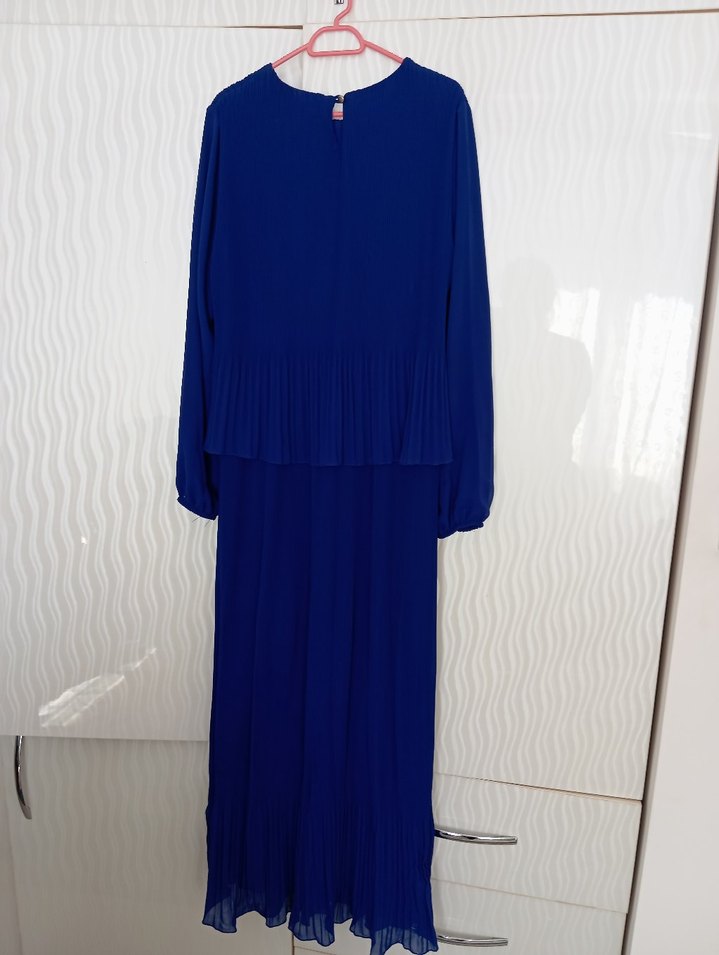 Kadın Mavi Uzun Kollu Pliseli Keten Elbise - Görsel 2