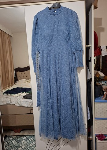 Uzun Kol, Kemerli Mavi Denim Elbise - Görsel 4