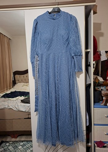 Uzun Kol, Kemerli Mavi Denim Elbise - Görsel 5