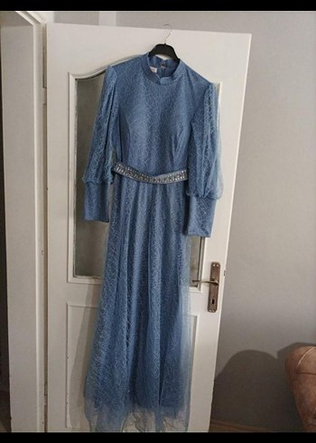 Uzun Kol, Kemerli Mavi Denim Elbise - Görsel 2