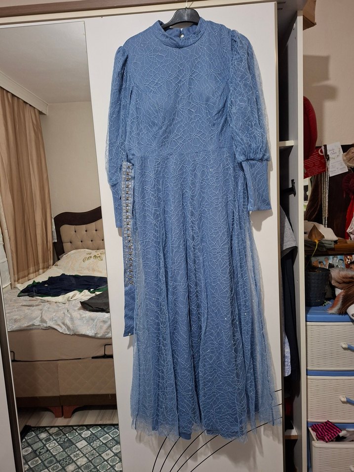 Uzun Kol, Kemerli Mavi Denim Elbise - Görsel 4