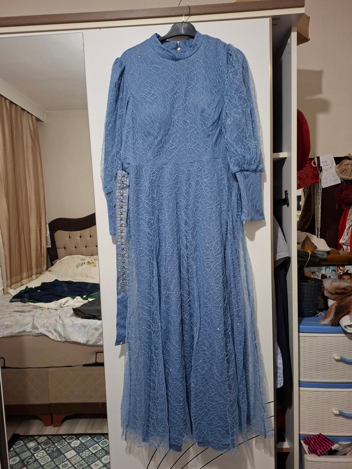 Uzun Kol, Kemerli Mavi Denim Elbise - Görsel 5