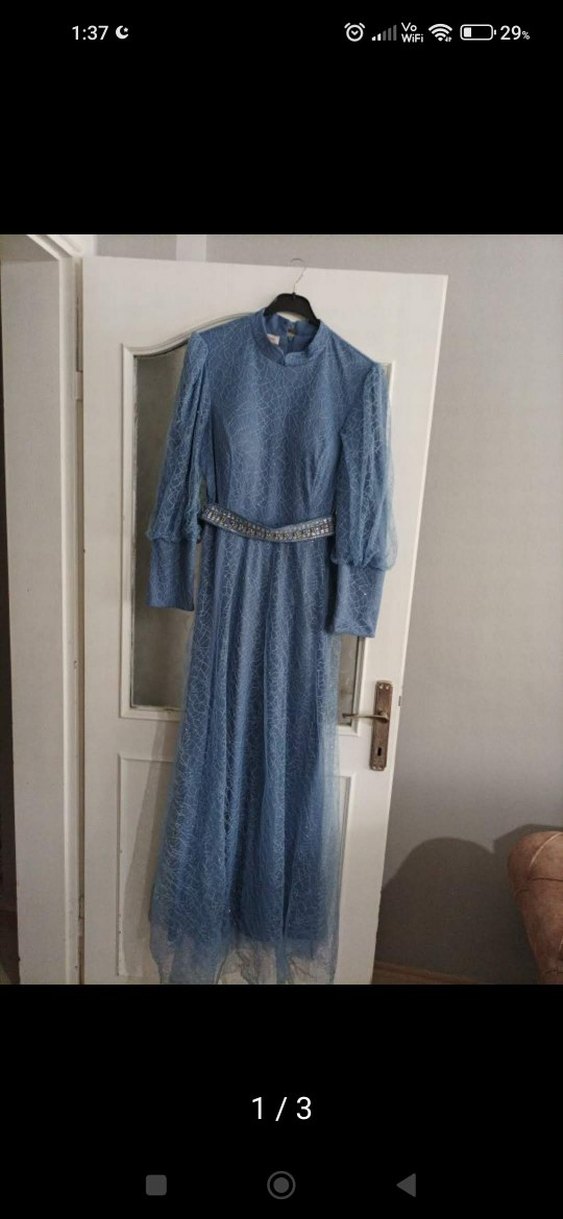 Uzun Kol, Kemerli Mavi Denim Elbise - Görsel 2