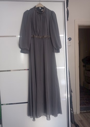 Gri Uzun Kollu Drapeli Abiye - Görsel 2