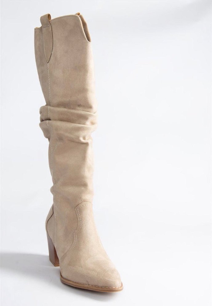 Bej Süet Kadın Dizüstü Çizme Blok Topuklu - Görsel 2