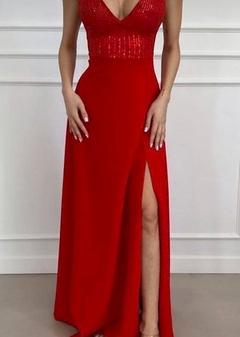 Kırmızı  Askılı Uzun Abiye Elbise - Görsel 2