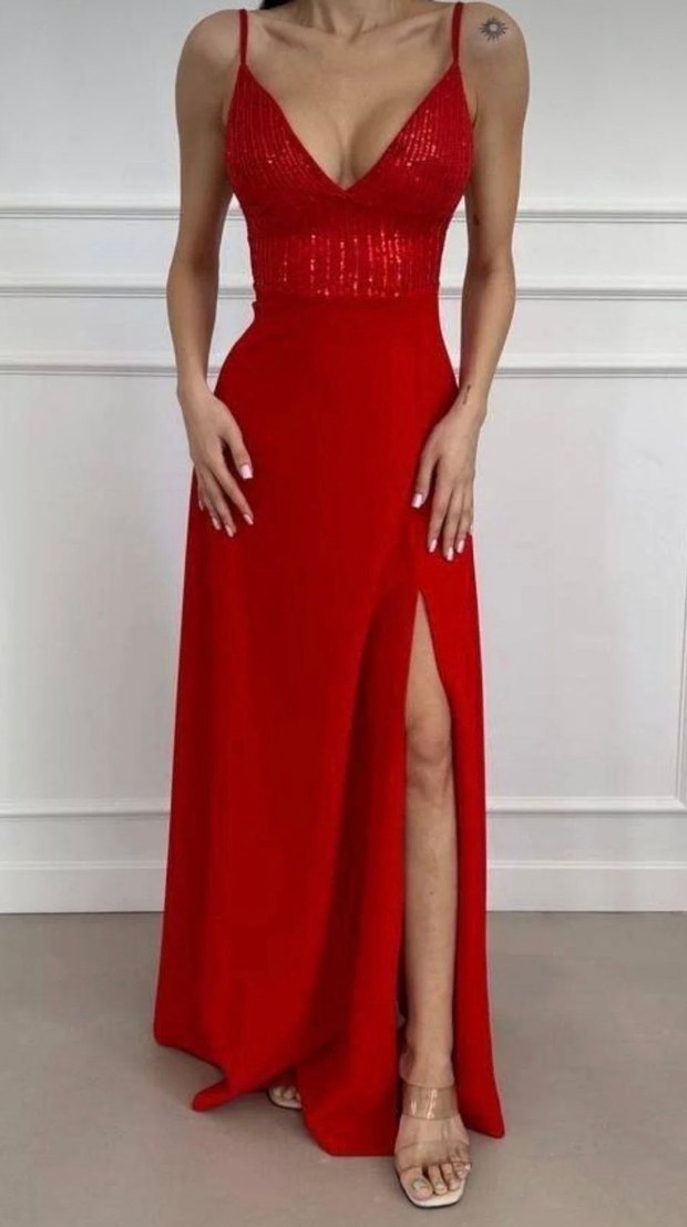 Kırmızı  Askılı Uzun Abiye Elbise - Görsel 2