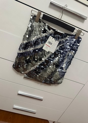 xs Beden Gri Payetli Mini Etek Mango 34