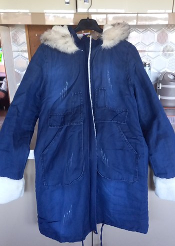 Kürklü Mavi Midi Denim Kadın Kışlık Ceket