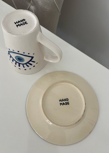 Porland Beyaz Nazar Desenli Kupa ve Tabak Seti