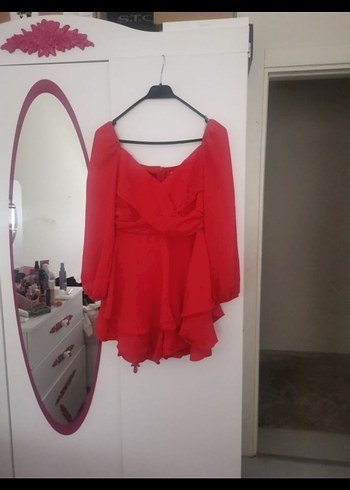 Kırmızı Straplez Uzun Kollu Mini Elbise - Görsel 3