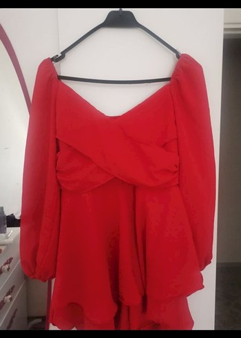 Kırmızı Straplez Uzun Kollu Mini Elbise - Görsel 2