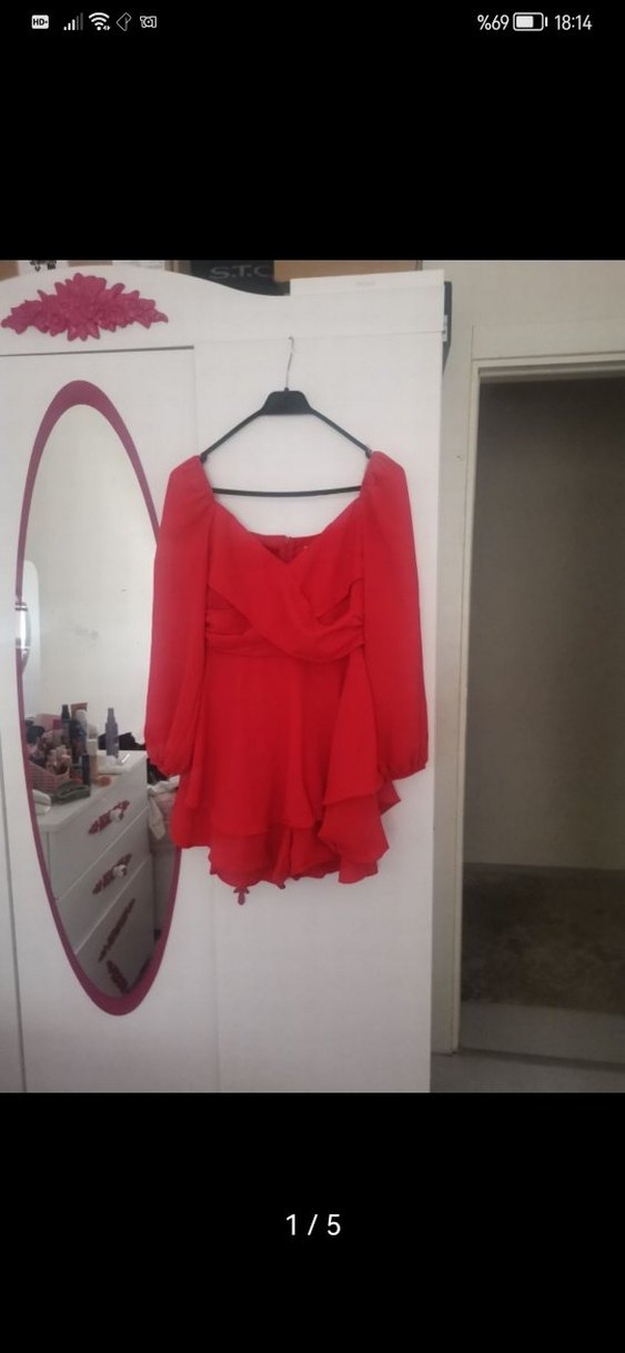 Kırmızı Straplez Uzun Kollu Mini Elbise - Görsel 3