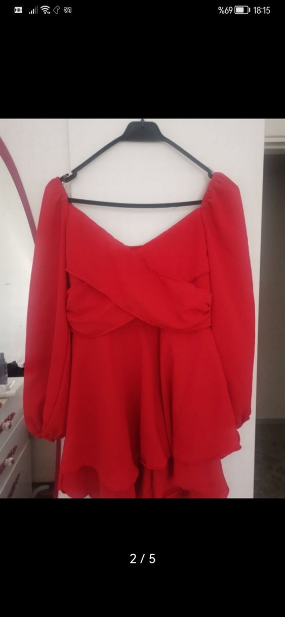 Kırmızı Straplez Uzun Kollu Mini Elbise - Görsel 2