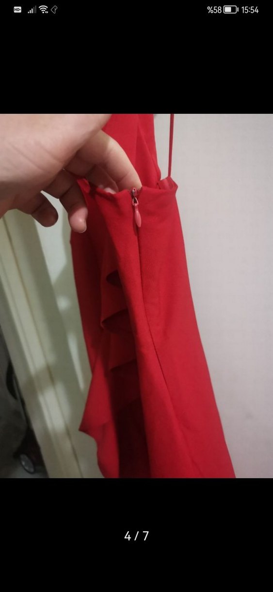 Kırmızı Uzun Askılı Fırfırlı Abiye Elbise - Görsel 3