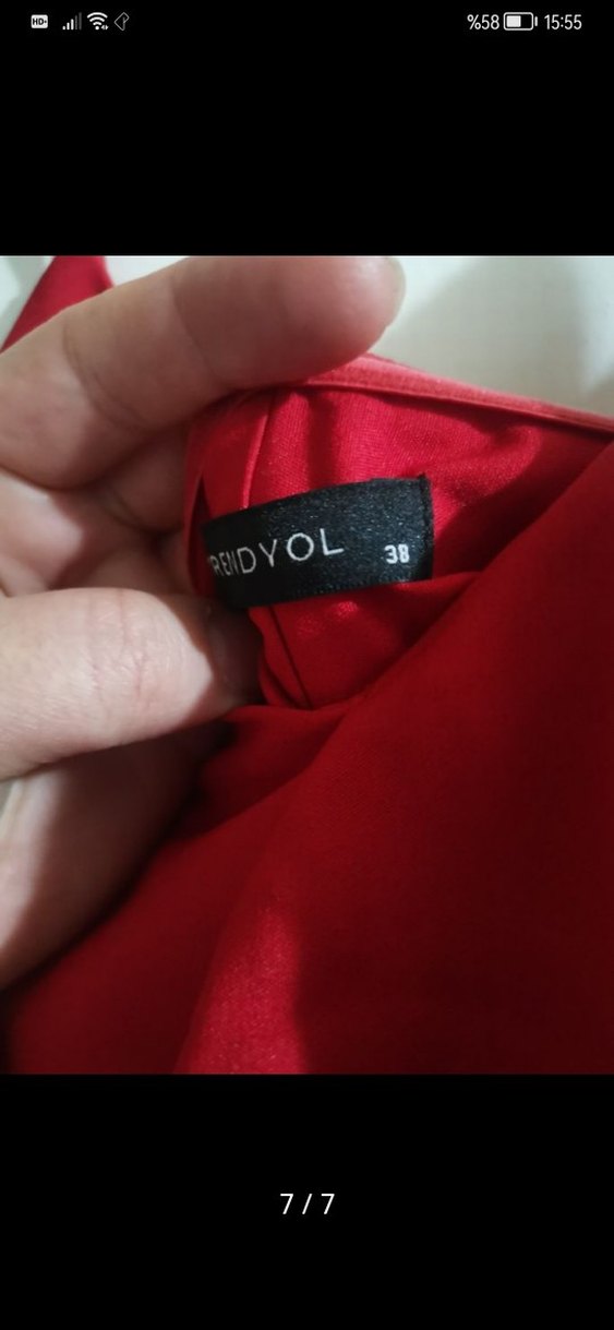 Kırmızı Uzun Askılı Fırfırlı Abiye Elbise - Görsel 4