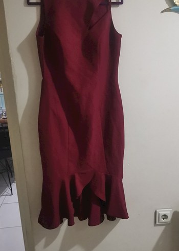 Bordo Drapeli Uzun Kolsuz Kadın Elbise - Görsel 2