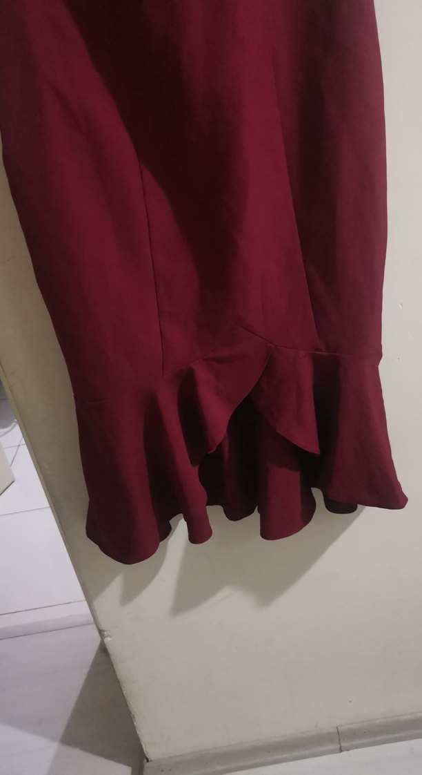 Bordo Drapeli Uzun Kolsuz Kadın Elbise - Görsel 3