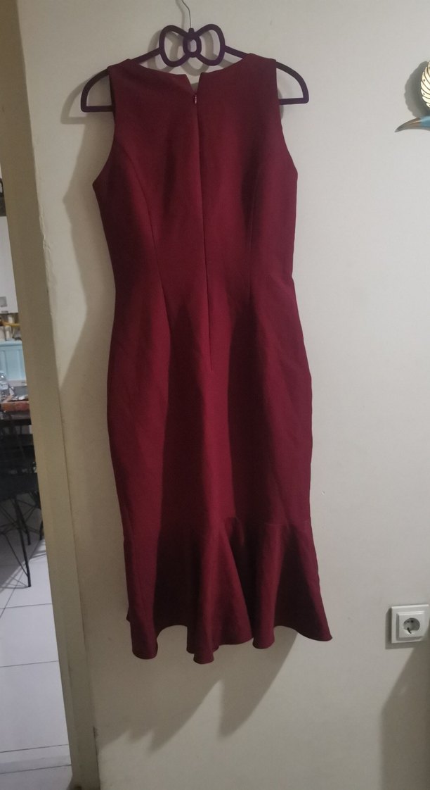 Bordo Drapeli Uzun Kolsuz Kadın Elbise - Görsel 4