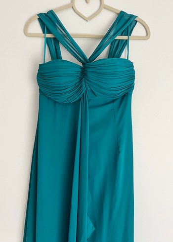 Turkuaz Uzun Drapeli Straplez Abiye Elbise - Görsel 3