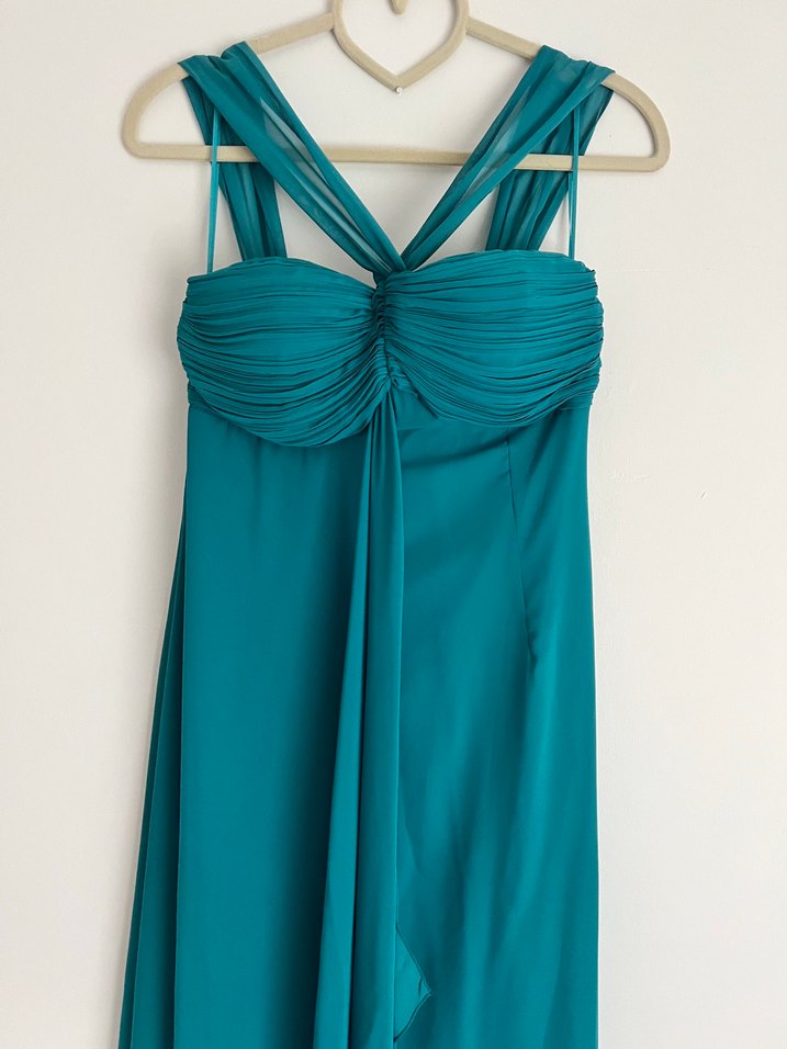 Turkuaz Uzun Drapeli Straplez Abiye Elbise - Görsel 3