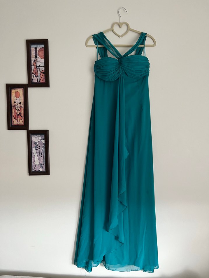 Turkuaz Uzun Drapeli Straplez Abiye Elbise - Görsel 2