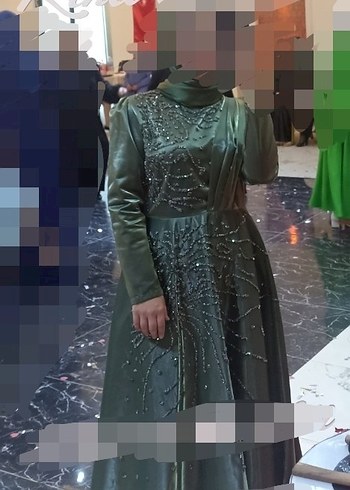 Diğer Tesettür abiye Parlak Haki Renk Uzun Abiye Elbise
