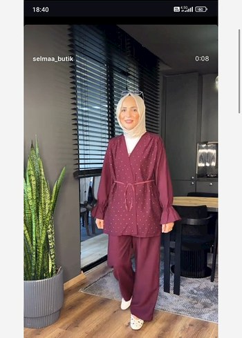 Bordo Uzun Kollu Kemerli Kadın Takım